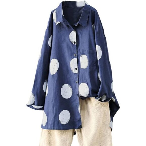 Tops - Women's Cotton Button Down Tunic Top Plus Size Blue Breathable Elegant